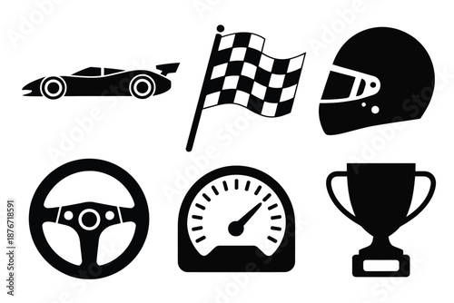 Racing icons essential motorsport silhouettes, including cars, helmets, flags, and trophies, vector illustrations, perfect for motorsport design, racing graphics,