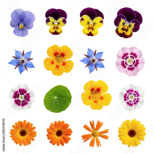 Collection of edible flowers isolated on transparent background