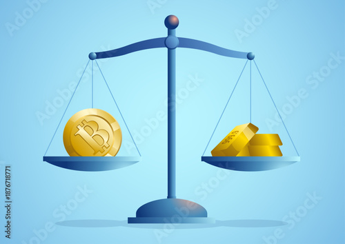 Conceptual illustration showing Bitcoin and gold bars balanced on a scale, comparison between cryptocurrency and gold as safe-haven assets.