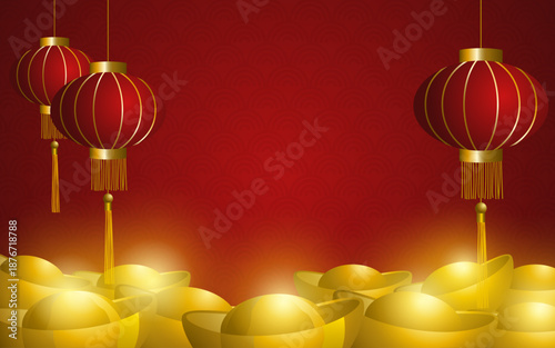 Lunar New Year Wealth and Prosperity Concept. Chinese New Year background featuring traditional red lanterns hanging above and golden ingots symbolizing wealth, prosperity, and good fortune.