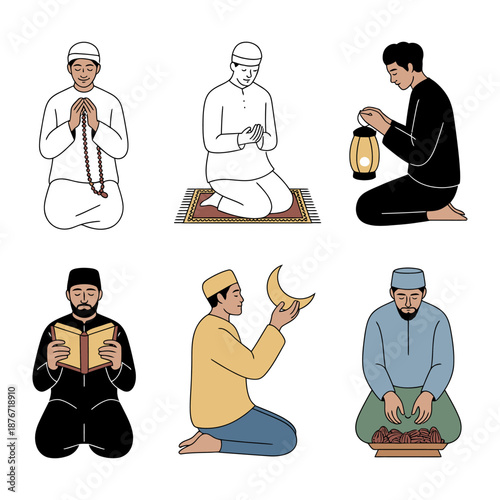 Devout Muslim Men in Prayer: A set of six illustrations depicts Muslim men engaged in various acts of devotion, including prayer, contemplation, and reading the Quran.