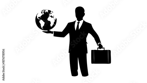 A silhouette of a professional in a suit holding a globe and a suitcase