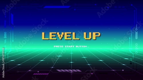 LEVEL UP. pixel art 8 bit. Retro Futurism Sci-Fi Background. glowing neon grid. and stars from vintage arcade computer games