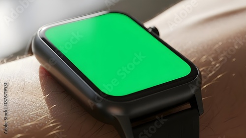 Extreme close-up of a black smartwatch with green screen chroma key. High-detail mockup for UI/UX design showcase, wearable hardware display, and tech marketing materials.