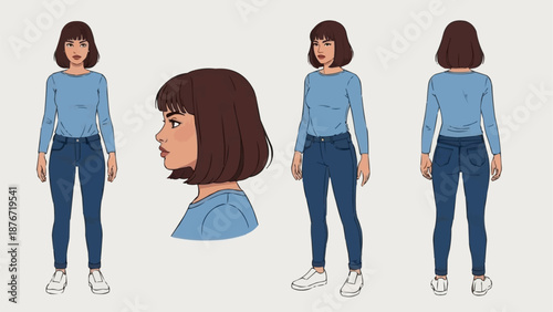 Young Woman Character Design Front Side Back View and Head Profile.