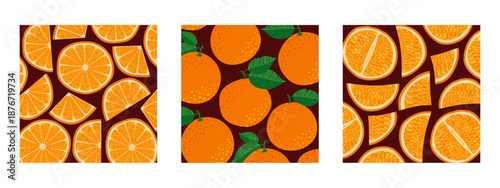 Botanical background collection featuring various whole oranges, halves, and slices. Ideal for summer promos, organic product ads, fruit packaging, surface design, wallpapers, posters, or others.