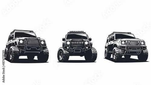 Three black off road vehicles lined up in a row.
