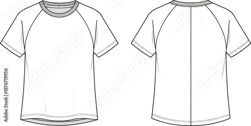 T-shirt technical drawing with front and back views, raglan sleeve design, CAD flat vector illustration, apparel fashion template, clothing outline schematic Flaunt
