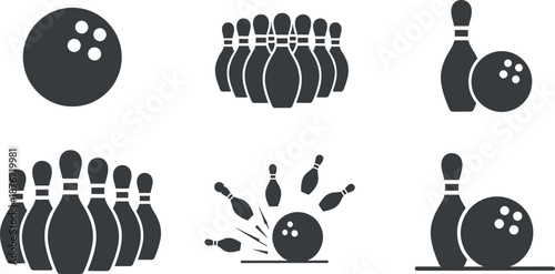 Large collection of bowling silhouettes featuring balls pins and strike action icons set for sports club branding leisure recreation and tenpin competition design