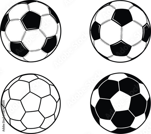 Large collection of classic soccer ball silhouettes and football icons set for sports branding championship competition team equipment and athletic recreation design projects