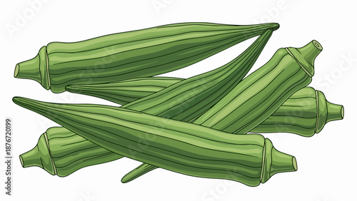 Fresh okra pods arranged naturally on clean white surface, showcasing vibrant green color and ribbed texture. Fresh okra is a versatile ingredient for various cuisines,