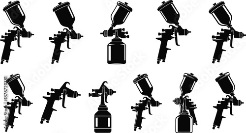 Large collection of professional paint spray gun black silhouettes set for automotive painting industrial coating renovation projects and workshop pneumatic tool equipment concepts