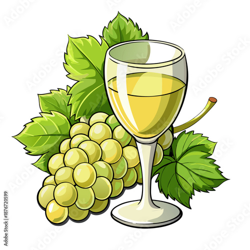 White Wine Glass with Green Grapes and Vine Leaves Vector Illustration