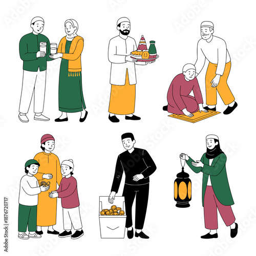 Eid al-Fitr Celebration: A series of illustrations depicting moments of Eid al-Fitr celebrations, showcasing acts of giving, prayer, and festive joy.