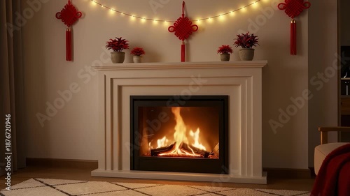 Modern fireplace burning with Spring Festival decorations