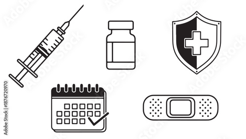 Professional medical vaccination and health insurance kit featuring syringe vial protection shield and appointment calendar for clinical pharmaceutical business management.