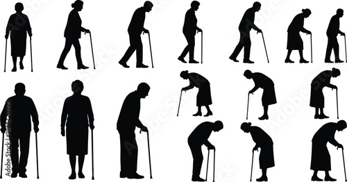 Large collection of black silhouettes featuring senior citizens and elderly people walking with canes or crutches for geriatric care disability and aging concepts