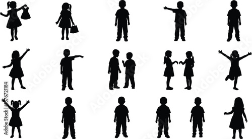 Large collection of black silhouettes featuring various children and kids in playful poses and expressive gestures for childhood education family and youth development concepts