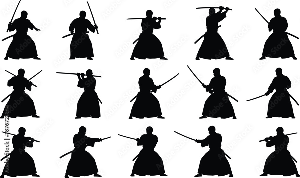 Obraz premium Large collection of black silhouettes featuring various samurai warriors and kendo fighters in action poses with katanas for martial arts and historical Japanese culture concepts