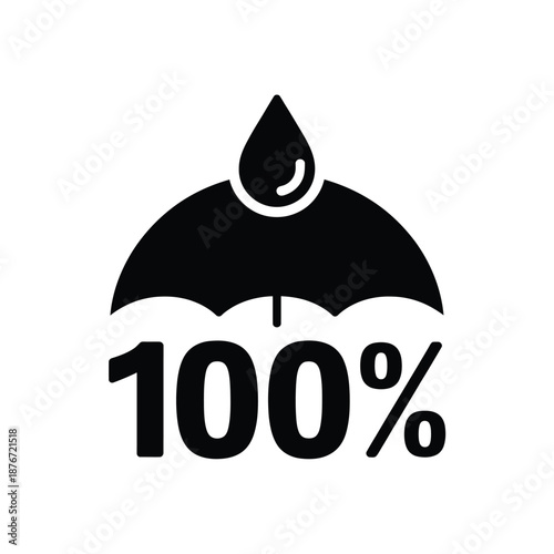 black umbrella icon with raindrop and 100 percent text