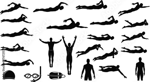 Large collection of black silhouettes featuring various swimmers in action poses with swimming gear icons for aquatic sports competition fitness and summer vacation concepts