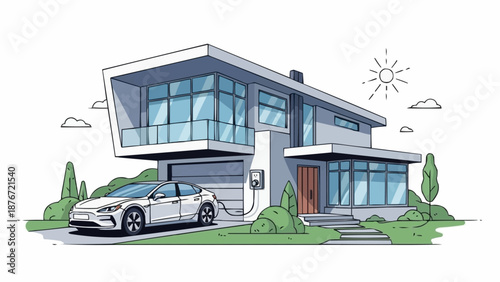 Modern House With Electric Car Charging Station.