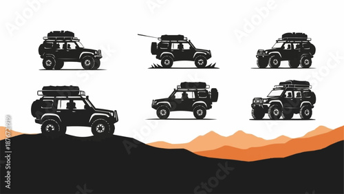 Set of six off road vehicles in silhouette with roof racks.
