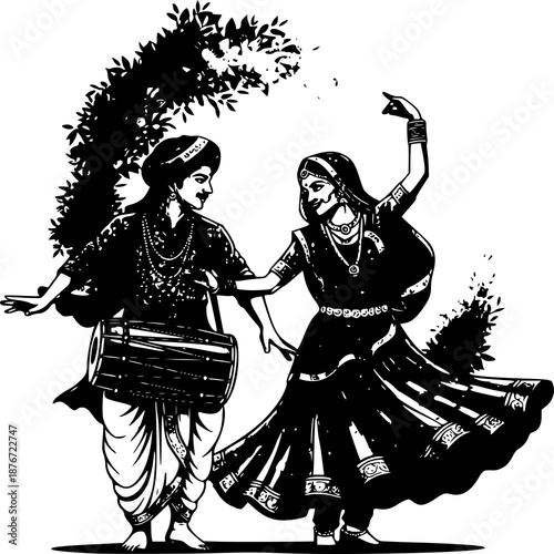 Vintage vector illustration of a couple dancing in elegant silhouette style