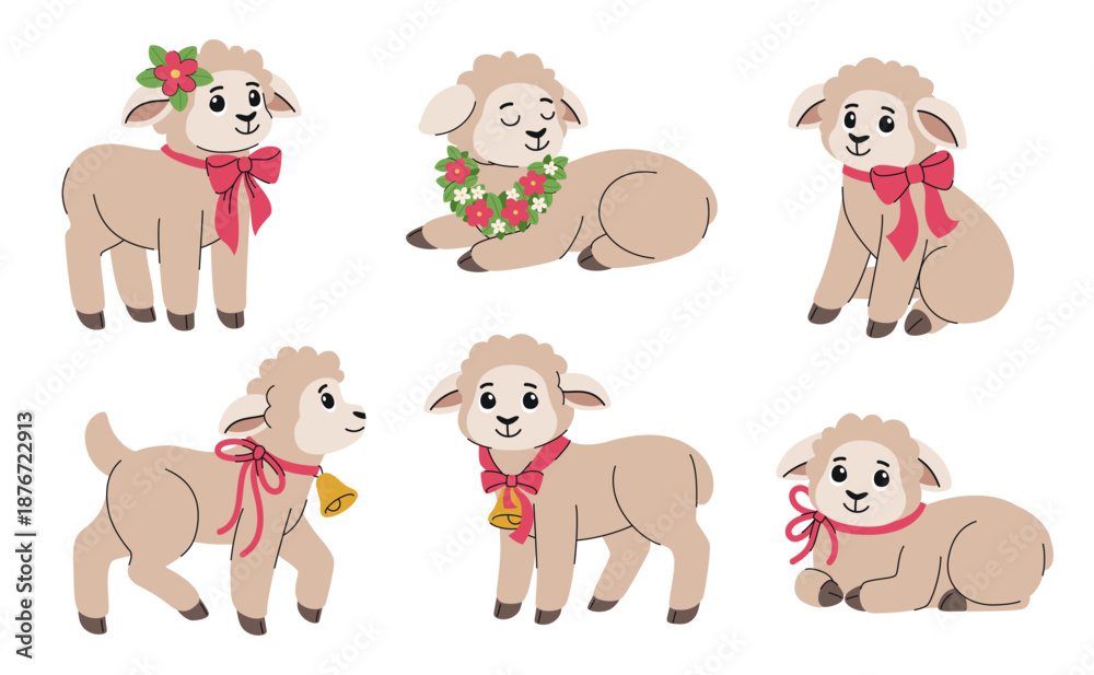 Fototapeta premium Cute Easter lambs set. Vector collection of spring sheep with bows and flowers.