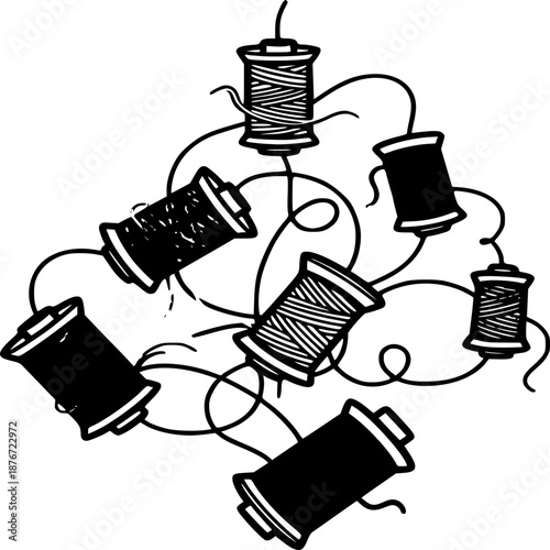 Needle and thread with a set of sewing tools and accessories illustration