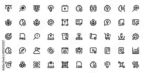 Design Thinking icon set. Vector symbols for brainstorming, innovation, user experience, research, and project planning. Includes idea, mind map, sketchbook, analysis, and more.