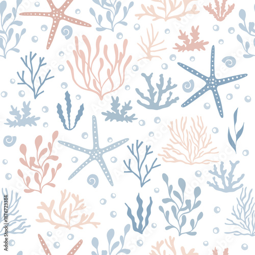 Coral reef, starfishes and seaweed seamless pattern.
