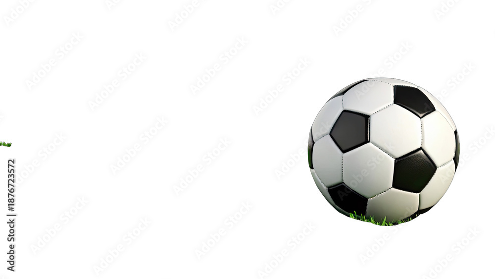 Fototapeta premium Classic black and white soccer ball with a few blades of grass isolated on transparent background