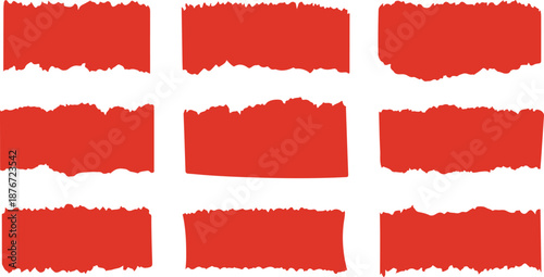 Set of red ripped paper, jagged border, torn paper top and down frames. torn paper edge shapes on white background for design vector illustration.