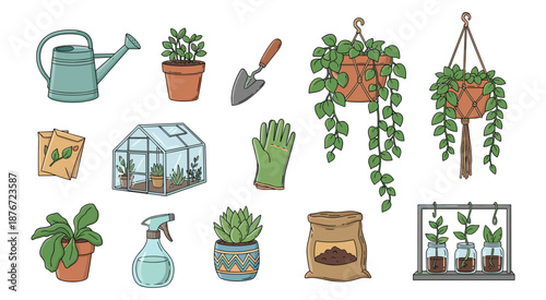 Doodle illustration of home gardening essentials, featuring a watering can, trowel, gloves, diverse potted plants, succulents, and a small greenhouse, perfect for cultivating green projects.