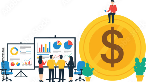 Business team analyzing financial growth data on charts and graphs beside a giant gold dollar coin for investment concepts.
