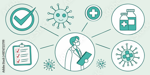 Medical professional wearing a face mask holds a clipboard surrounded by icons representing viral pathogens, checklist approvals, and pharmaceutical supplies.