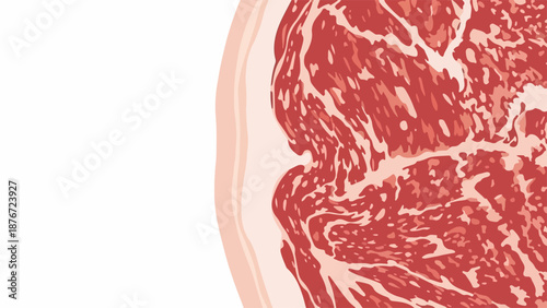Close up of premium marbled beef, revealing intricate white fat marbling against rich red muscle tissue, indicating exceptional quality.