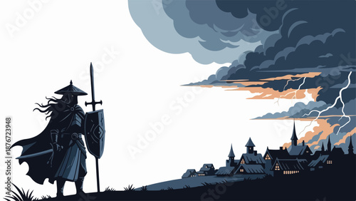 Lone warrior stands silhouetted on hill, watching village as storm approaches. Armored lone warrior holds spear, shield, dark clouds with lightning. Powerful lone warrior art for fantasy games, books.
