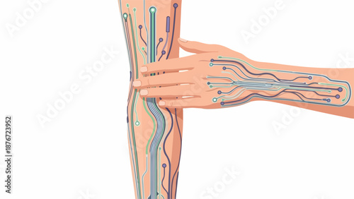 Human technology illustration depicting circuit patterns within arm and leg. Detailed human technology showing neural network pathways and digital connections under skin surface.