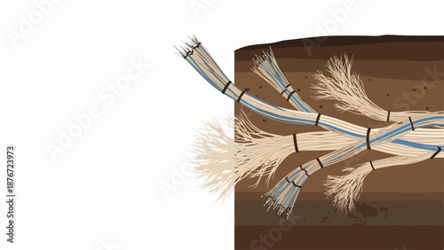 Erosion control illustration shows bundled plant material stabilizing ground. Earth reinforcement technique depicts intertwined root structures preventing land degradation.