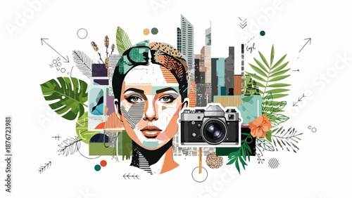 Artistic collage design presents stylized woman face, vintage camera, urban cityscape elements. Artistic collage design merges green plants, abstract shapes, artistic lines.