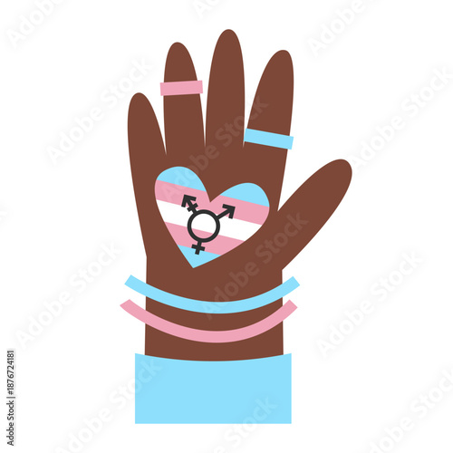 African American hand holding heart symbol and trans flag colors and symbols. Transgender and genderqueer rights, visibility and awareness concept. Inclusion and diversity.
