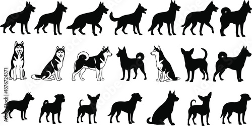 Dog breed silhouettes collection including husky, german shepherd, and chihuahua for pet shop logo, veterinary clinic design, animal welfare icons, and canine lover graphics