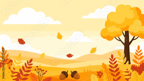 autumn landscape with tree and butterflies Autumn.