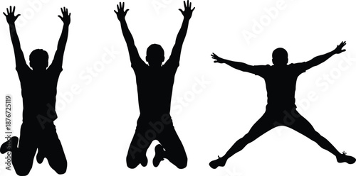 Silhouette of three energetic men jumping in the air with arms outstretched, representing freedom, joy, success, victory, fitness, happiness, excitement, achievement, and active lifestyle.