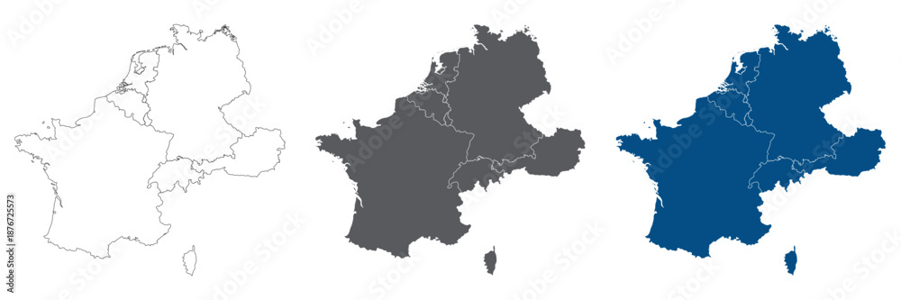 Fototapeta premium Western Europe Line Map Set with White Blue and Grey Color Variations. Map of Western Europe plain set.