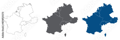 Western Europe Line Map Set with White Blue and Grey Color Variations. Map of Western Europe plain set.