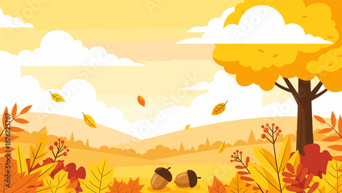 Autumn landscape with acorns and leaves Autumn.