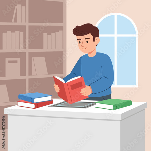 Young Man Reading a Book at a Desk in a Library